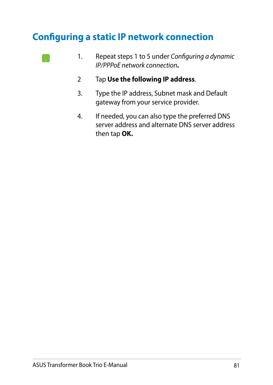 Configuring a static ip network connection | Asus TX201LA User Manual | Page 81 / 154