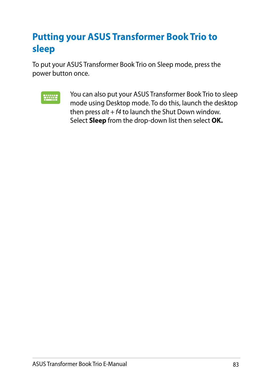 Putting your asus transformer book trio to sleep | Asus TX201LA User Manual | Page 83 / 154