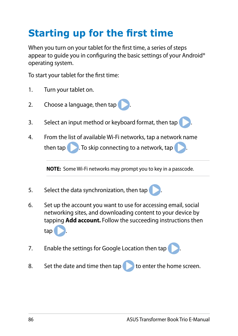 Starting up for the first time | Asus TX201LA User Manual | Page 86 / 154