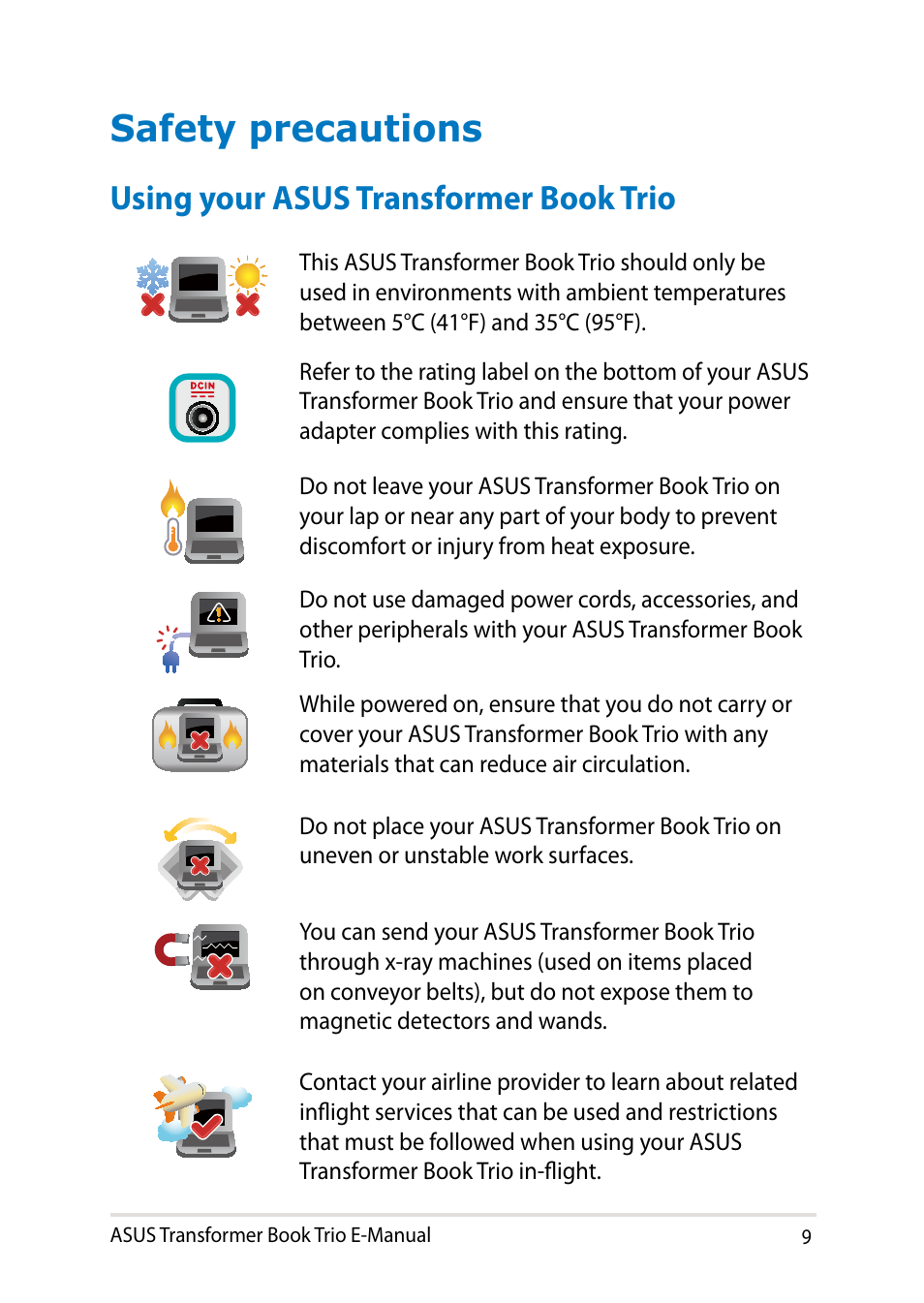 Safety precautions, Using your asus transformer book trio | Asus TX201LA User Manual | Page 9 / 154