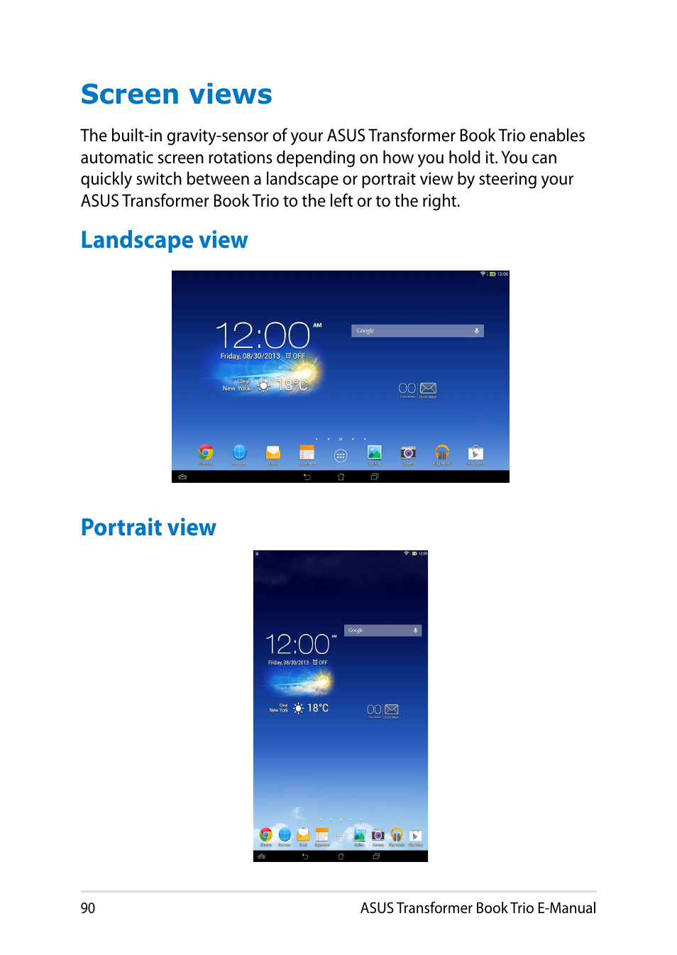 Screen views, Landscape view, Portrait view | Landscape view portrait view | Asus TX201LA User Manual | Page 90 / 154