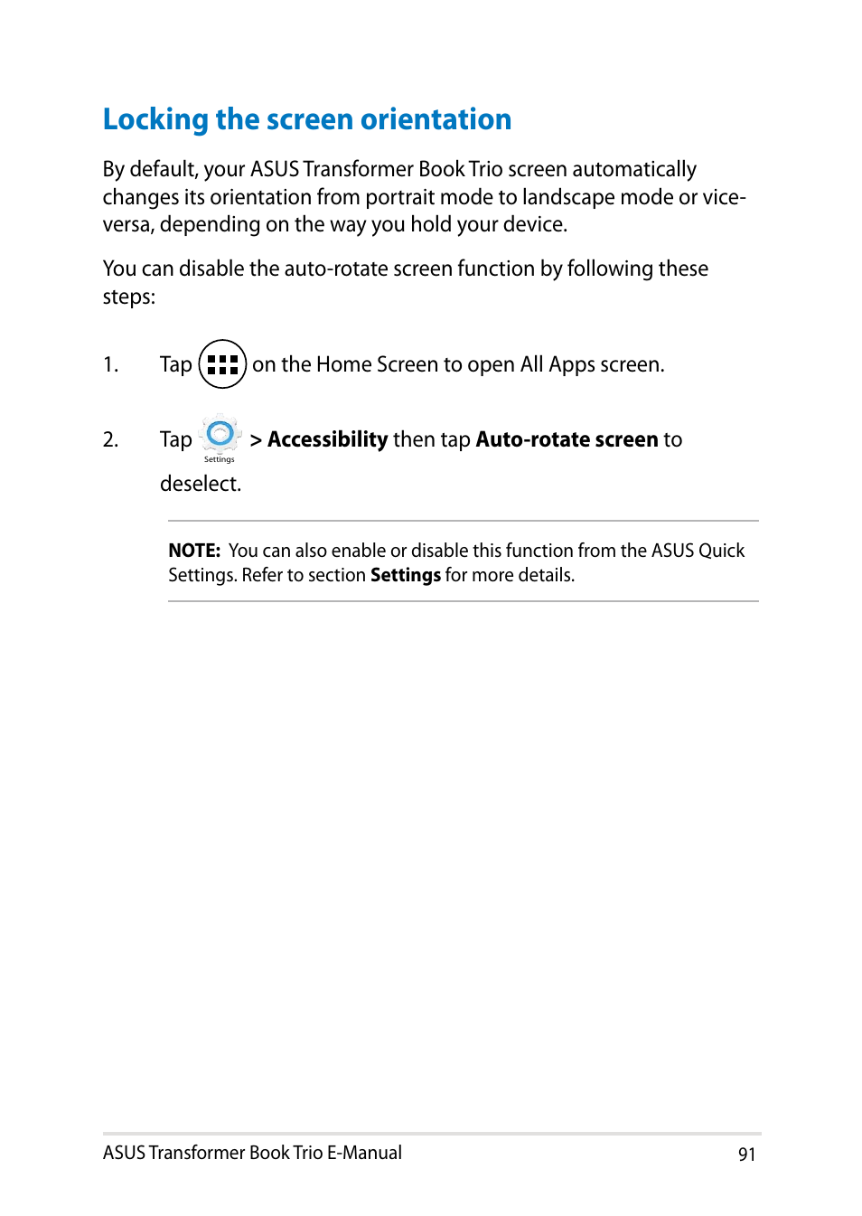 Locking the screen orientation, On the home screen to open all apps screen. . tap, Asus transformer book trio e-manual 1 | Asus TX201LA User Manual | Page 91 / 154