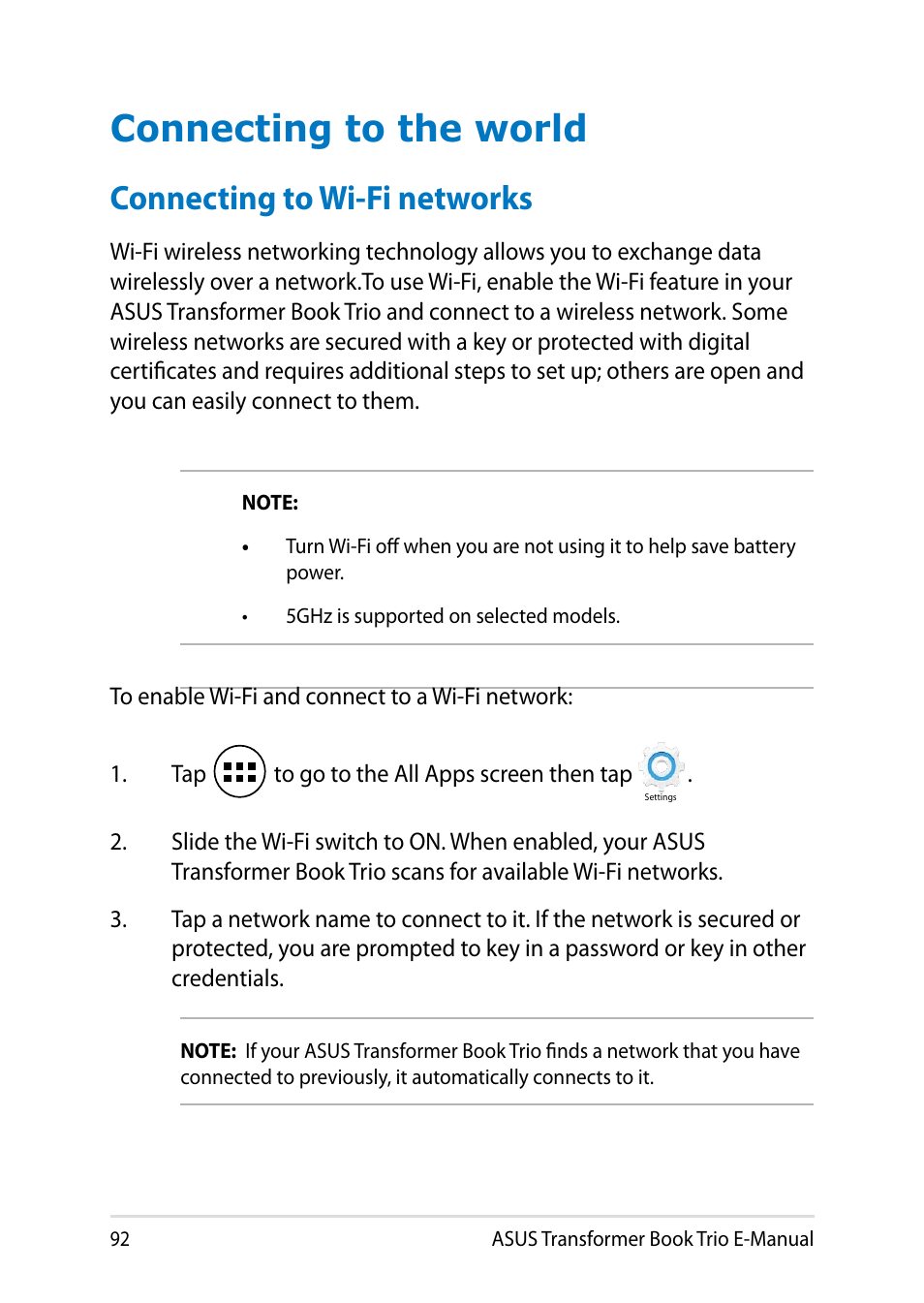 Connecting to the world, Connecting to wi-fi networks, Asus transformer book trio e-manual | Asus TX201LA User Manual | Page 92 / 154