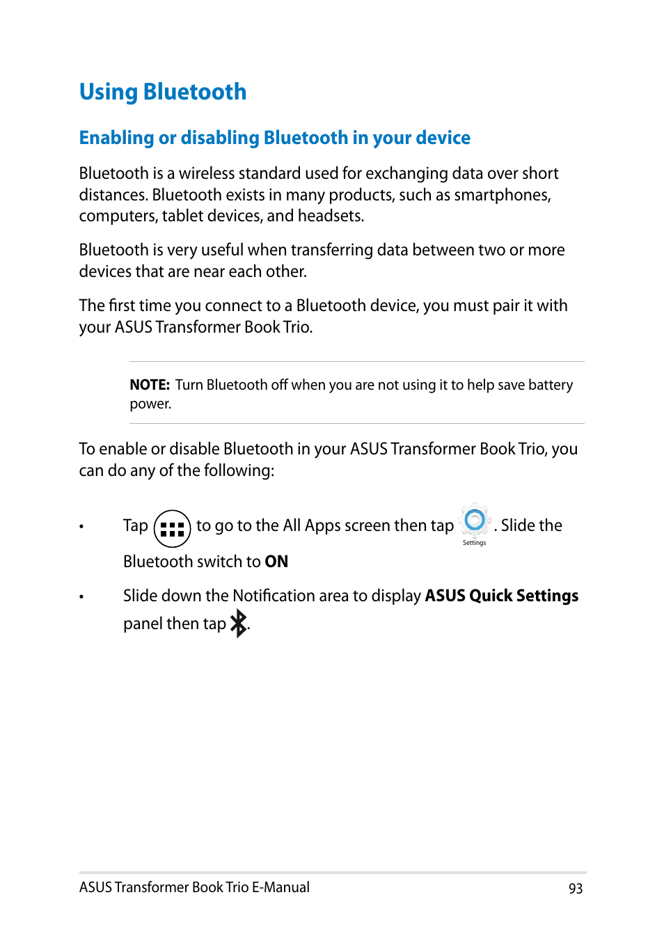 Using bluetooth, Enabling or disabling bluetooth in your device, Asus transformer book trio e-manual 3 | Asus TX201LA User Manual | Page 93 / 154