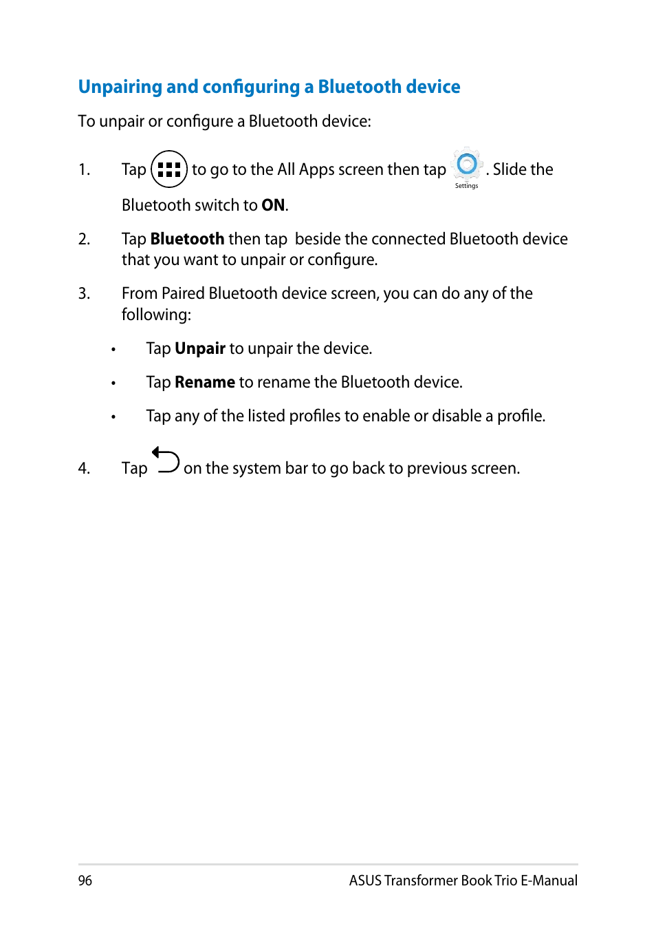 Unpairing and configuring a bluetooth device, On the system bar to go back to previous screen, Asus transformer book trio e-manual | Asus TX201LA User Manual | Page 96 / 154