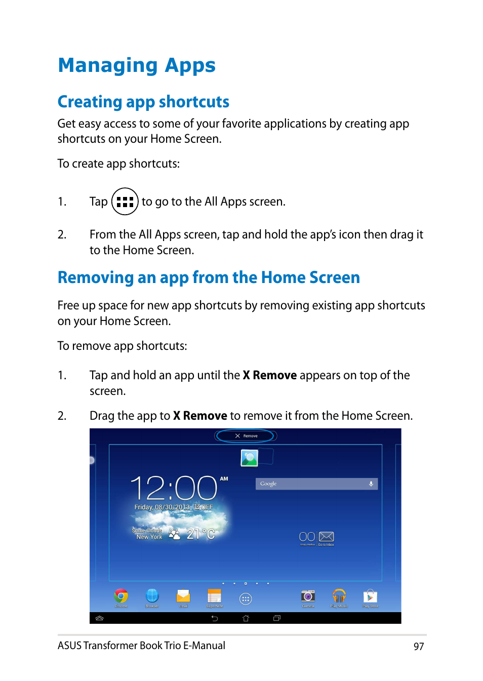 Managing apps, Creating app shortcuts, Removing an app from the home screen | Asus transformer book trio e-manual | Asus TX201LA User Manual | Page 97 / 154