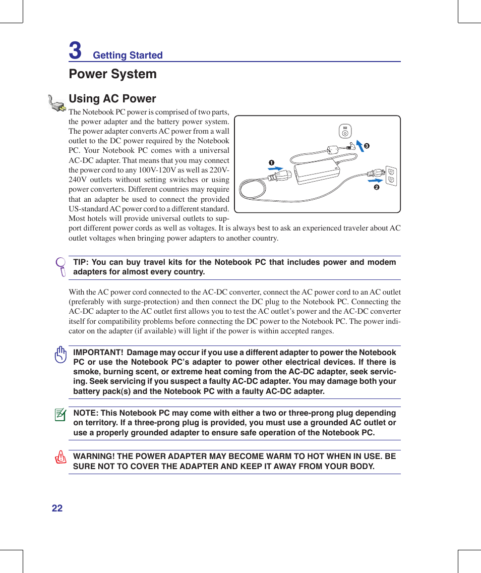 Power system, Using ac power | Asus R1E User Manual | Page 22 / 74