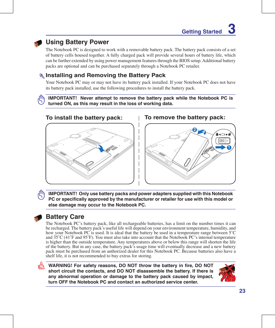 Battery care, Using battery power | Asus R1E User Manual | Page 23 / 74