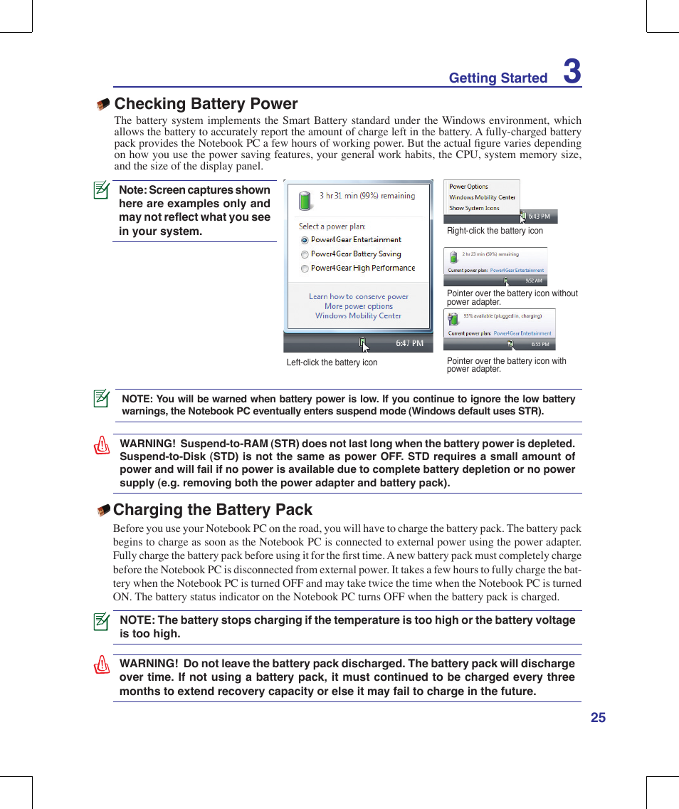 Checking battery power, Charging the battery pack | Asus R1E User Manual | Page 25 / 74