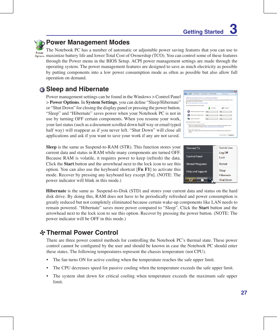 Thermal power control, Sleep and hibernate, Power management modes | Asus R1E User Manual | Page 27 / 74