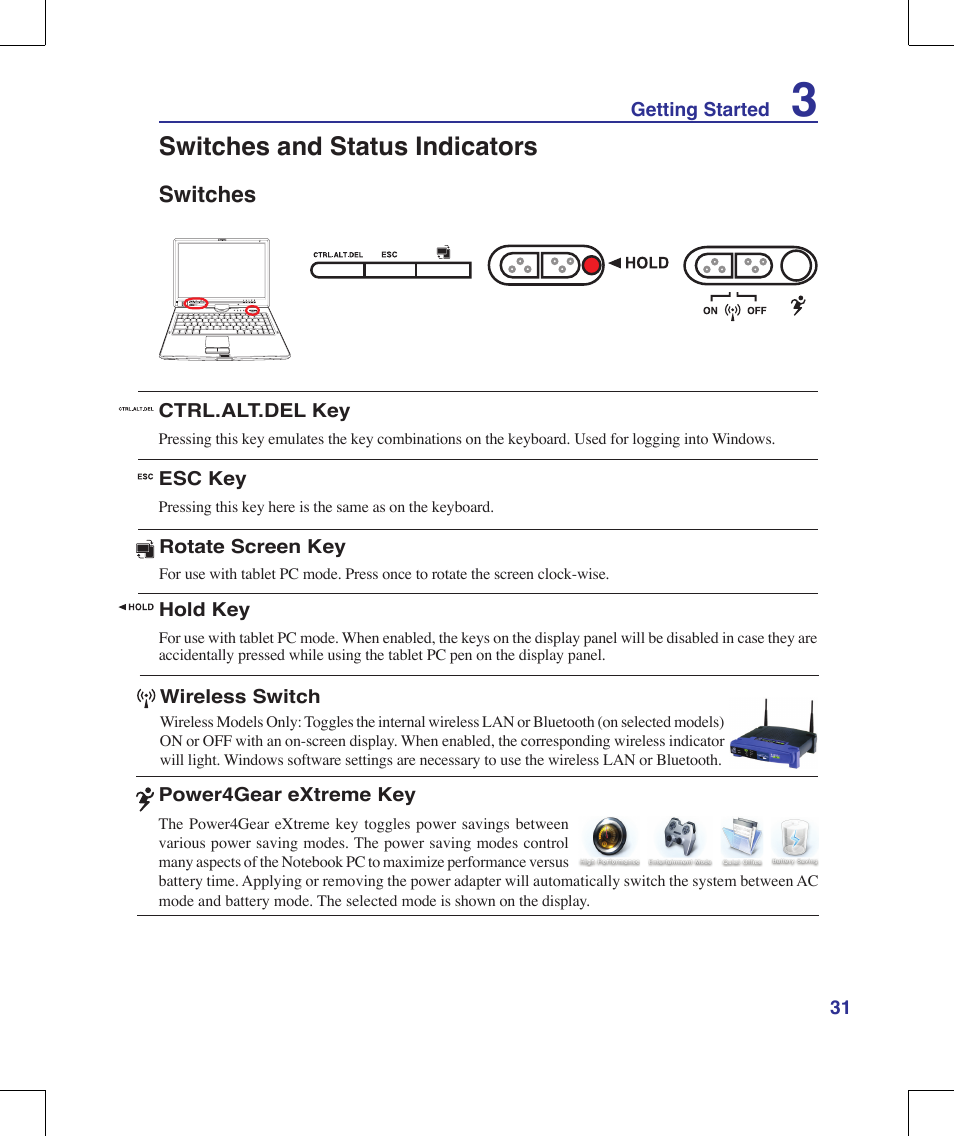 Switches and status indicators | Asus R1E User Manual | Page 31 / 74