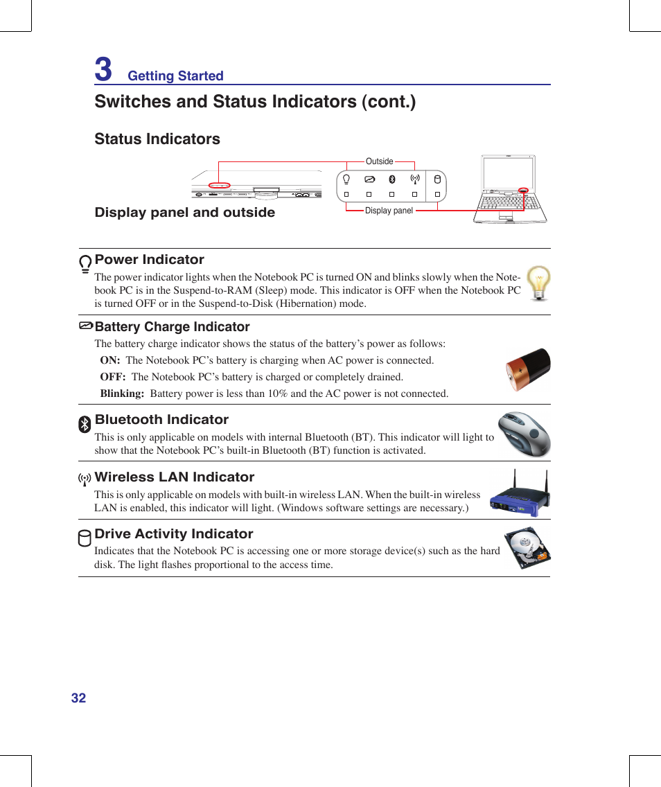 Switches and status indicators (cont.) | Asus R1E User Manual | Page 32 / 74