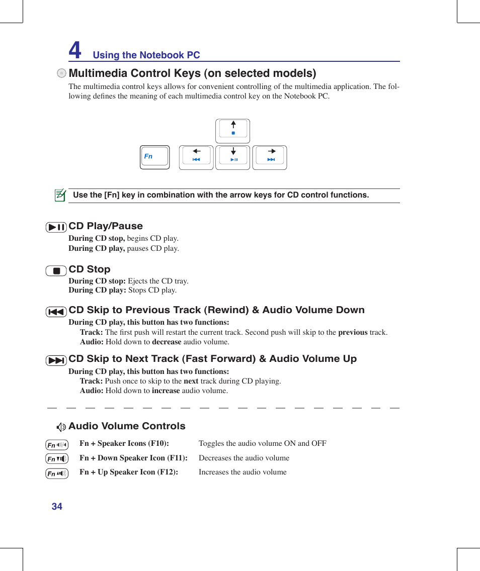 Multimedia control keys (on selected models) | Asus R1E User Manual | Page 34 / 74