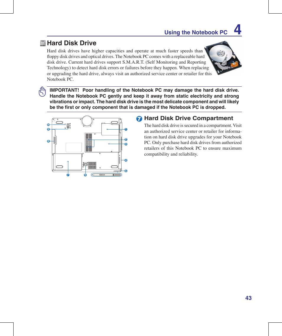 Hard disk drive, Hard disk drive compartment | Asus R1E User Manual | Page 43 / 74