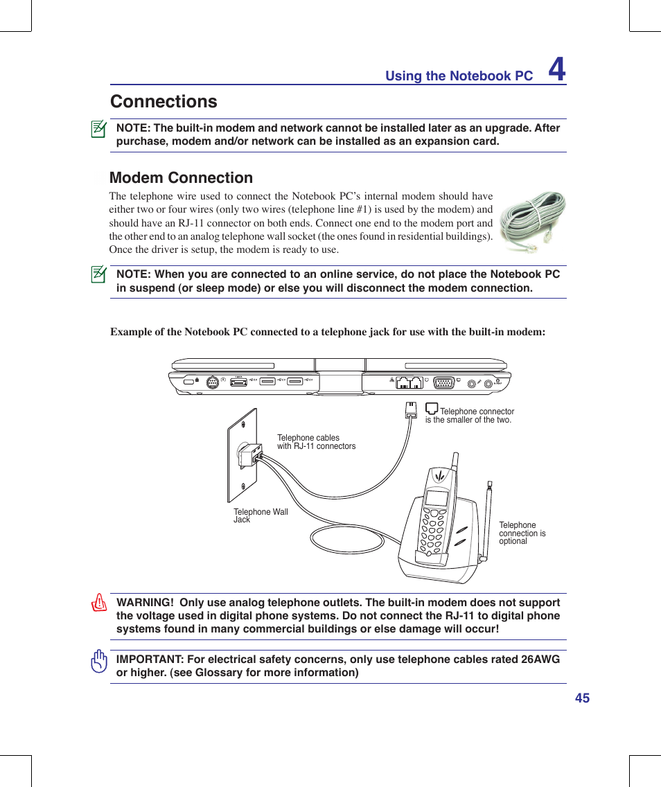 Connections, Modem connection | Asus R1E User Manual | Page 45 / 74