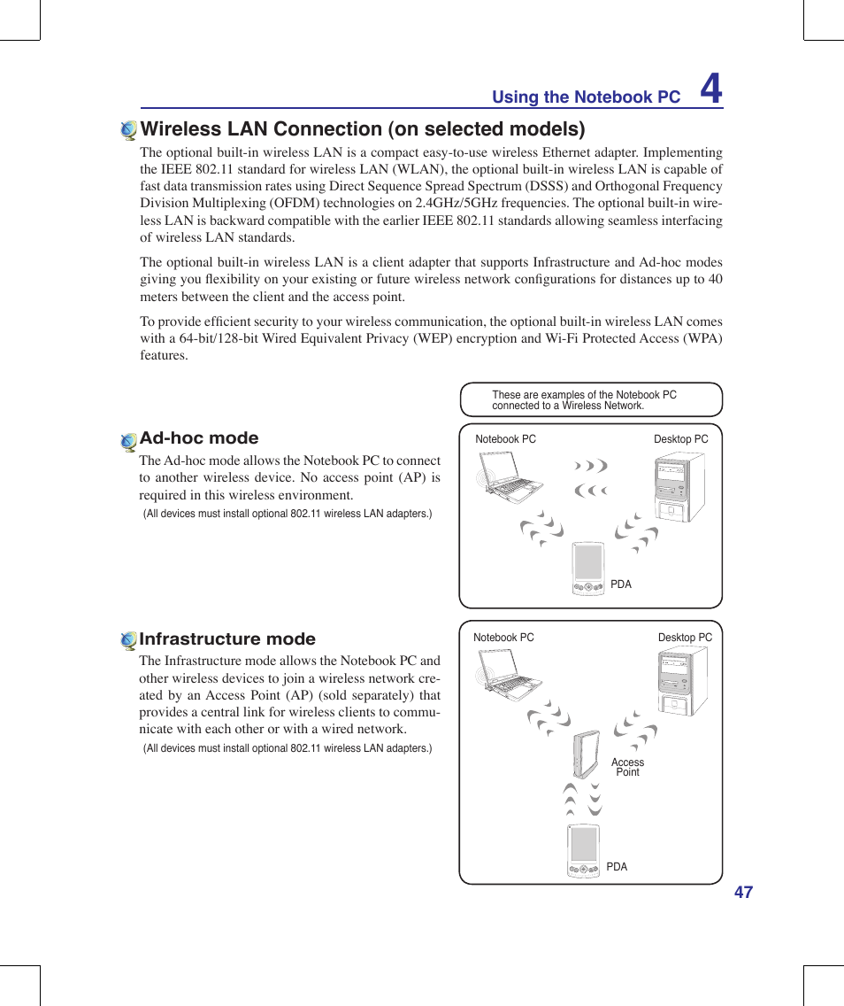 Wireless lan connection (on selected models) | Asus R1E User Manual | Page 47 / 74