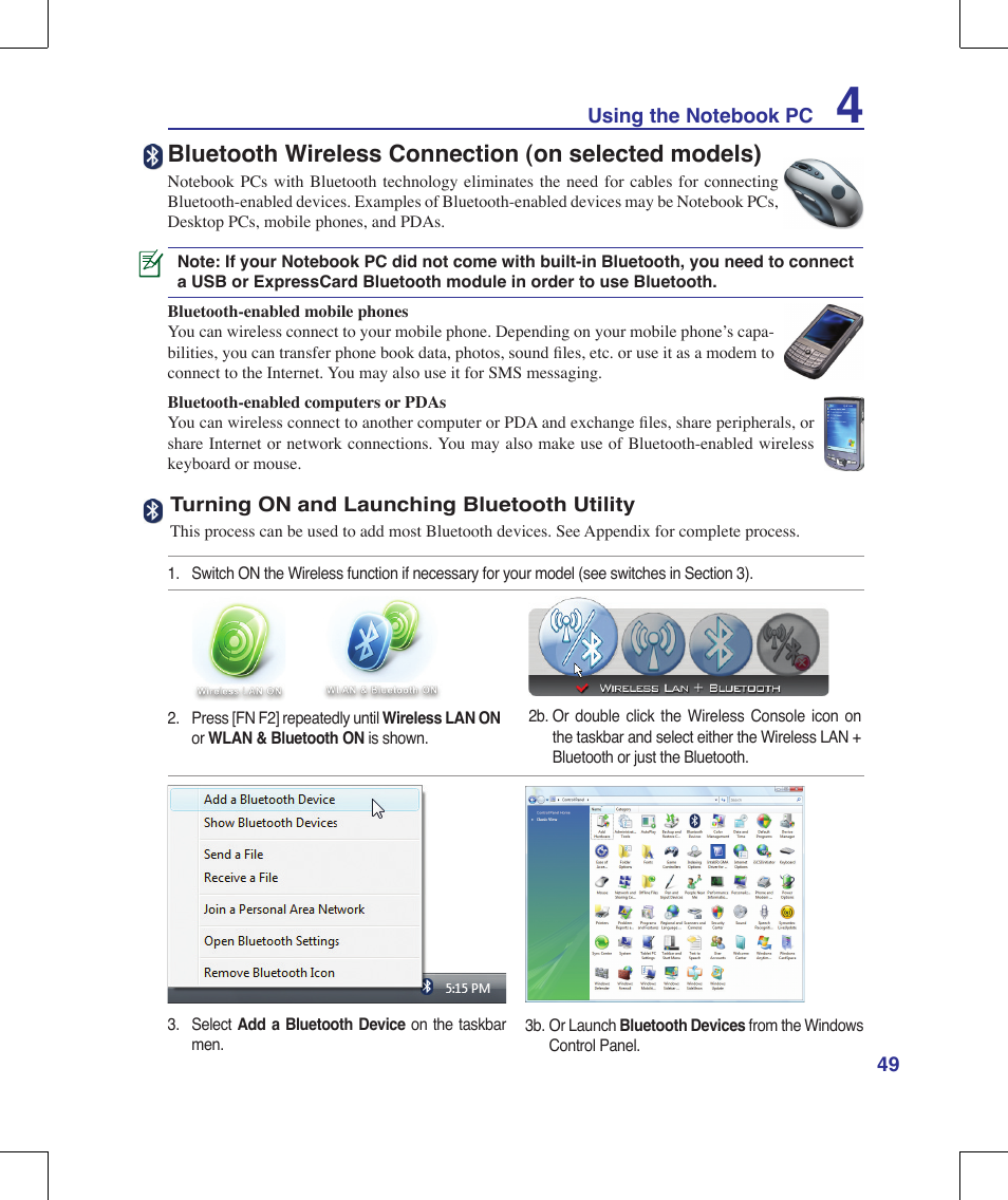 Bluetooth wireless connection (on selected models) | Asus R1E User Manual | Page 49 / 74