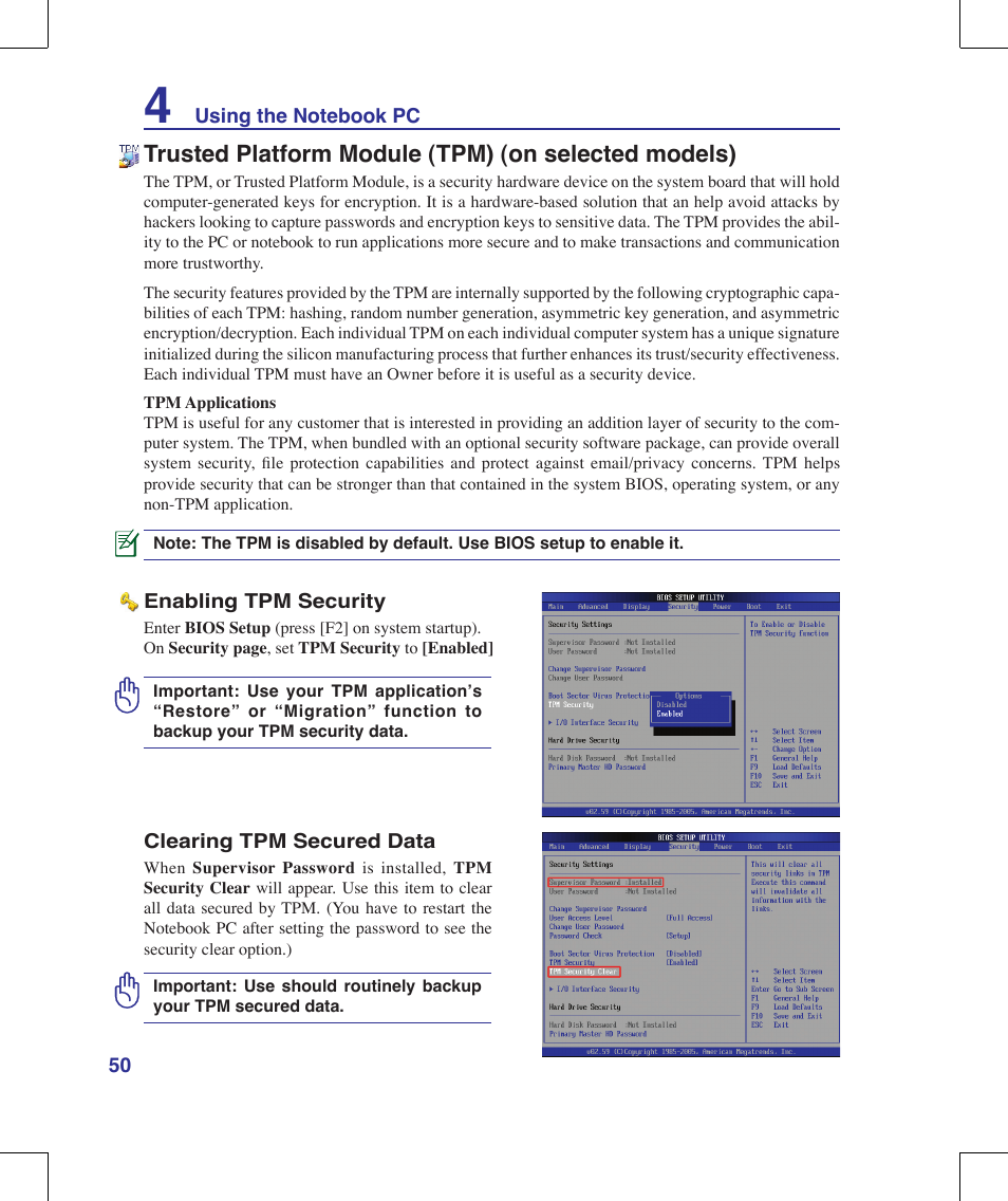 Trusted platform module (tpm) (on selected models) | Asus R1E User Manual | Page 50 / 74