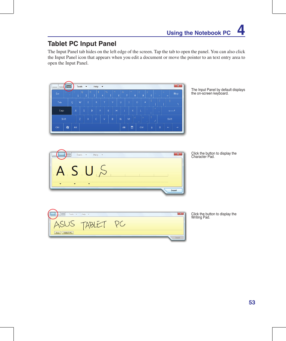 Tablet pc input panel | Asus R1E User Manual | Page 53 / 74