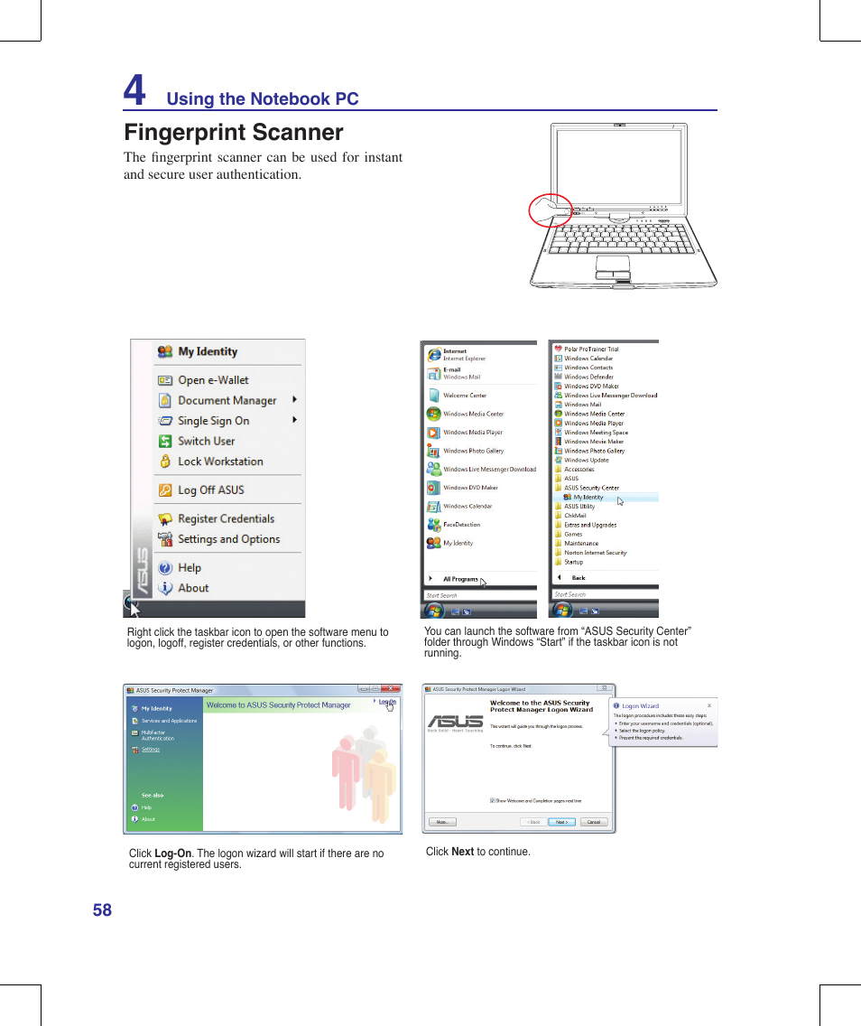 Fingerprint scanner | Asus R1E User Manual | Page 58 / 74