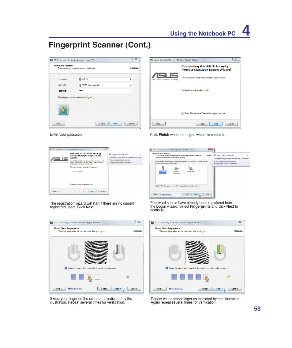 Fingerprint scanner (cont.) | Asus R1E User Manual | Page 59 / 74