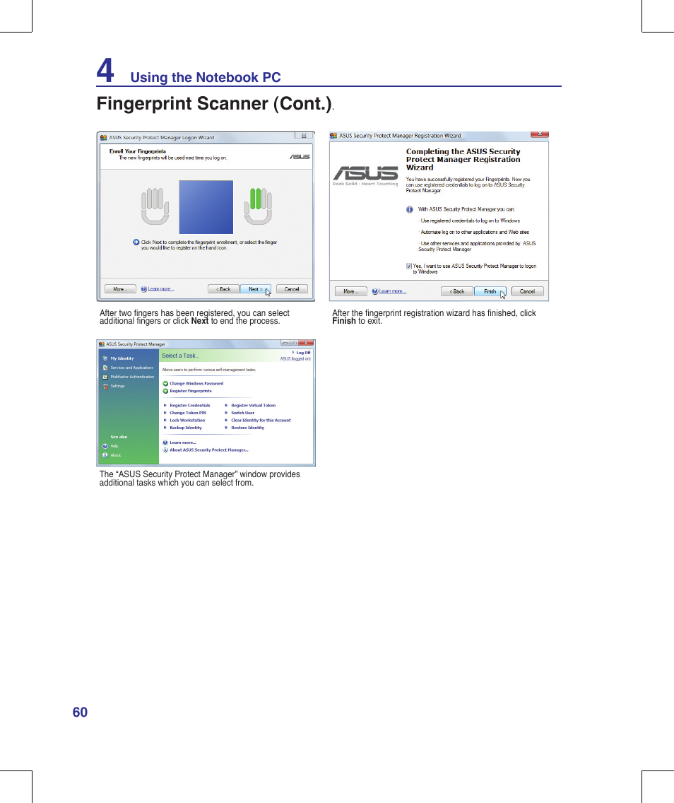 Fingerprint scanner (cont.) | Asus R1E User Manual | Page 60 / 74