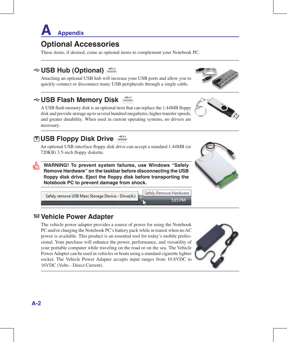 Optional accessories, Usb hub (optional), Vehicle power adapter | Usb floppy disk drive | Asus R1E User Manual | Page 62 / 74