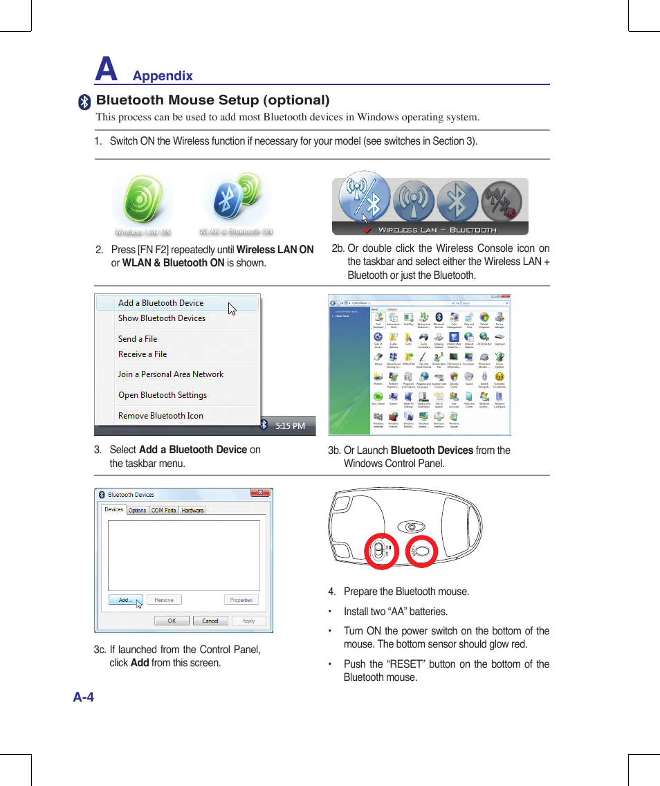 Appendix a, Bluetooth mouse setup (optional) | Asus R1E User Manual | Page 64 / 74