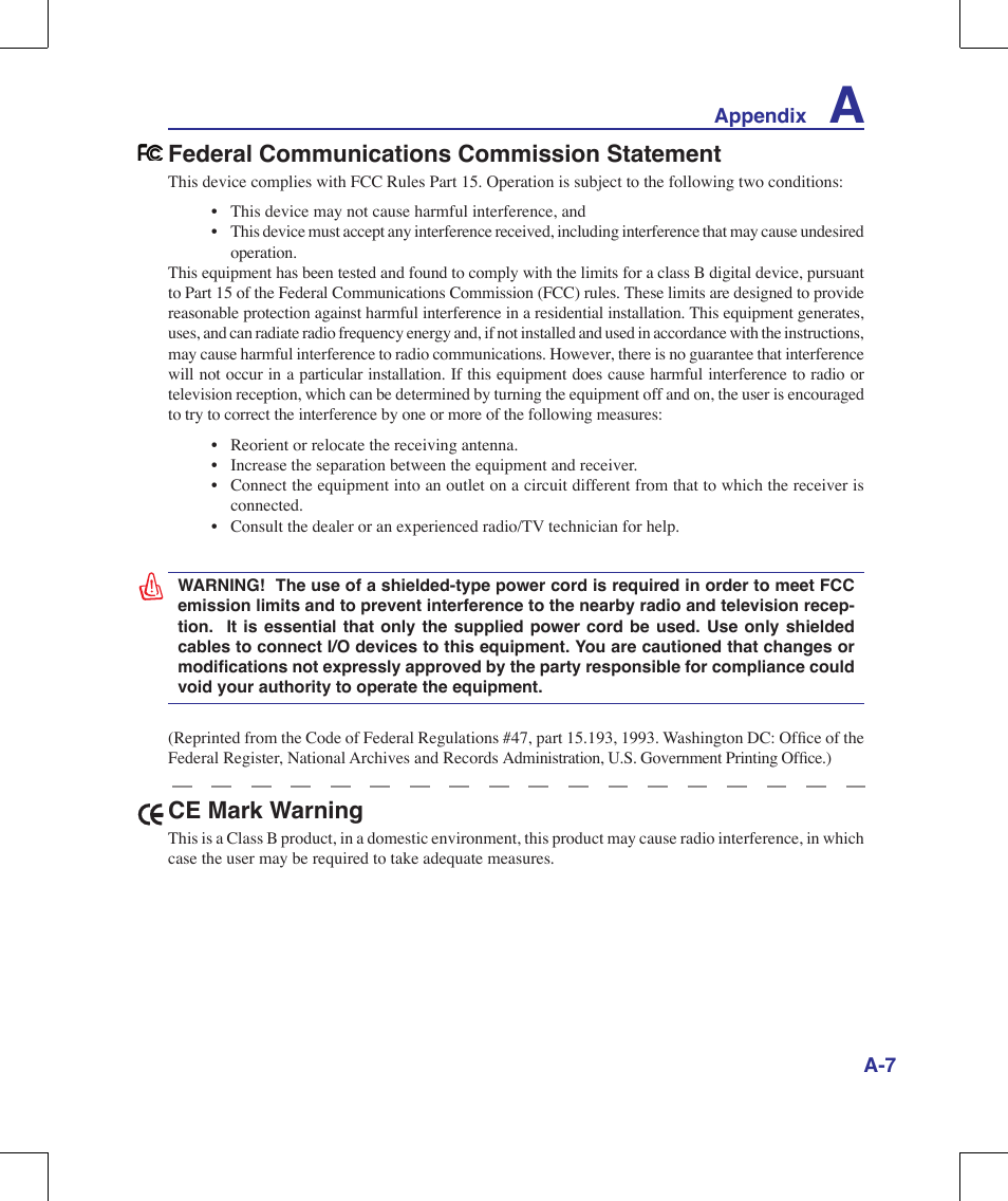 Federal communications commission statement, Ce mark warning | Asus R1E User Manual | Page 67 / 74