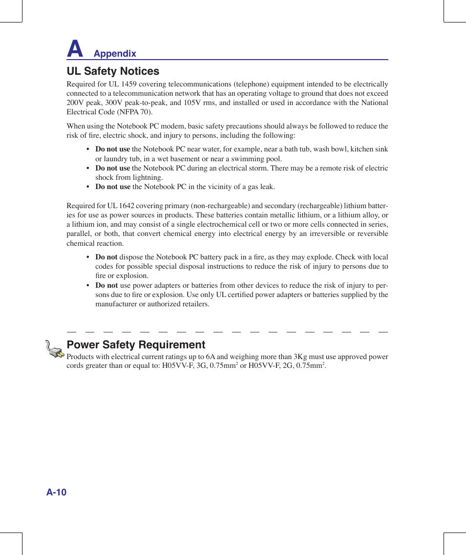 Ul safety notices, Power safety requirement | Asus R1E User Manual | Page 70 / 74