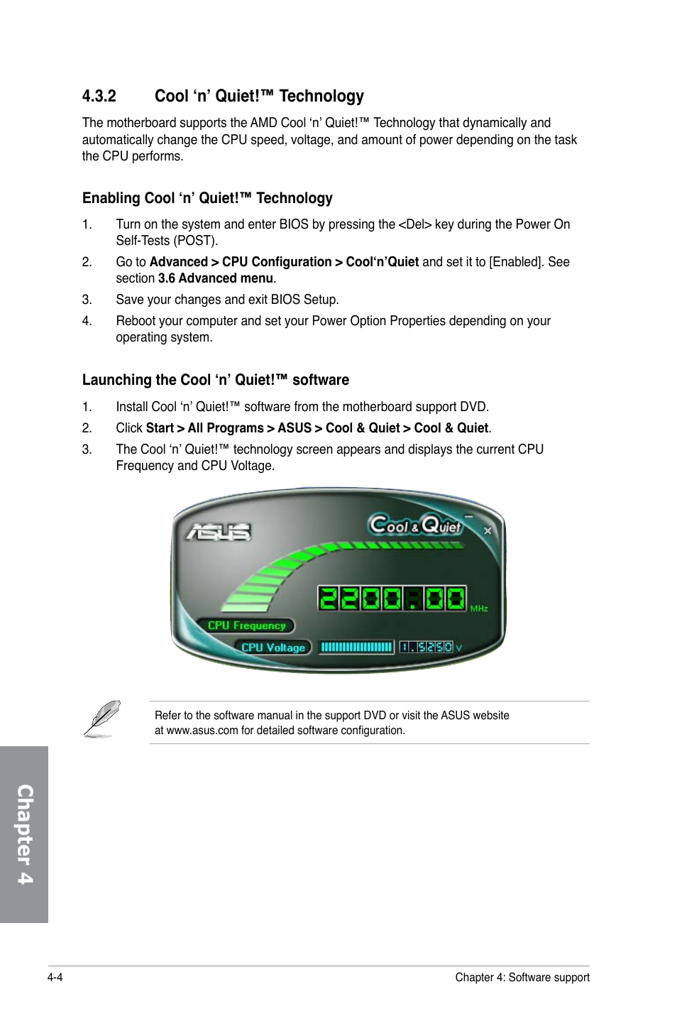 2 cool ‘n’ quiet!™ technology, Cool ‘n’ quiet!™ technology -4, Chapter 4 | Asus M4A88TD-M/USB3 User Manual | Page 100 / 124