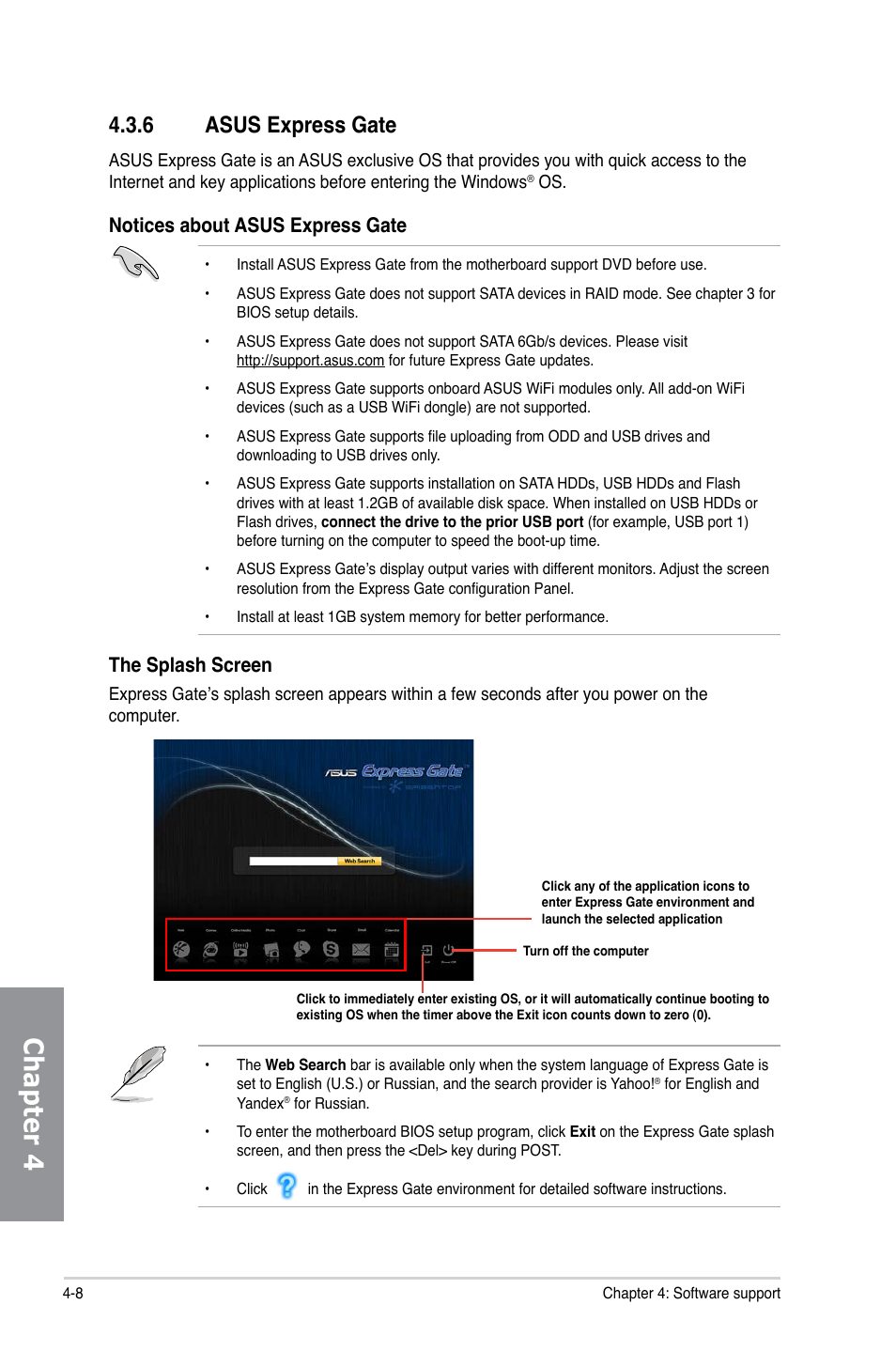 6 asus express gate, Asus express gate -8, Chapter 4 | Notices about asus express gate, The splash screen | Asus M4A88TD-M/USB3 User Manual | Page 104 / 124