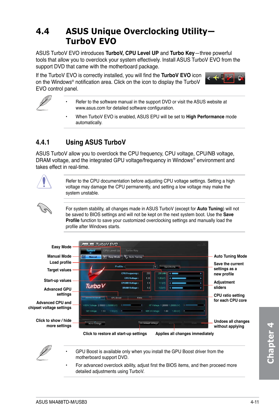 4 asus unique overclocking utility—turbov evo, 1 using asus turbov, Using asus turbov -11 | Asus M4A88TD-M/USB3 User Manual | Page 107 / 124