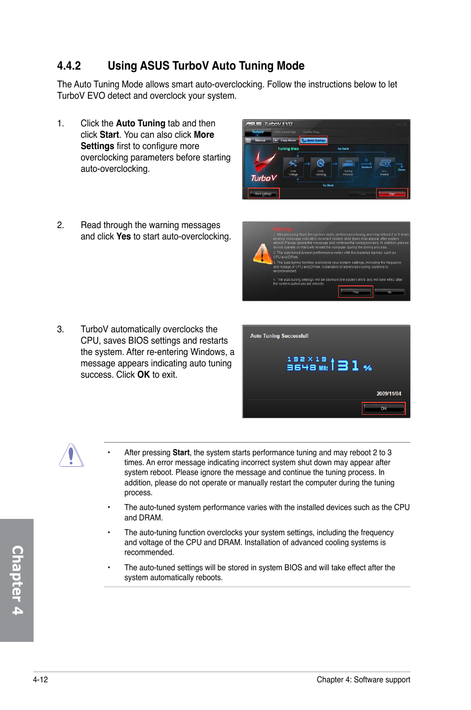 2 using asus turbov auto tuning mode, Using asus turbov auto tuning mode -12, Chapter 4 | Asus M4A88TD-M/USB3 User Manual | Page 108 / 124