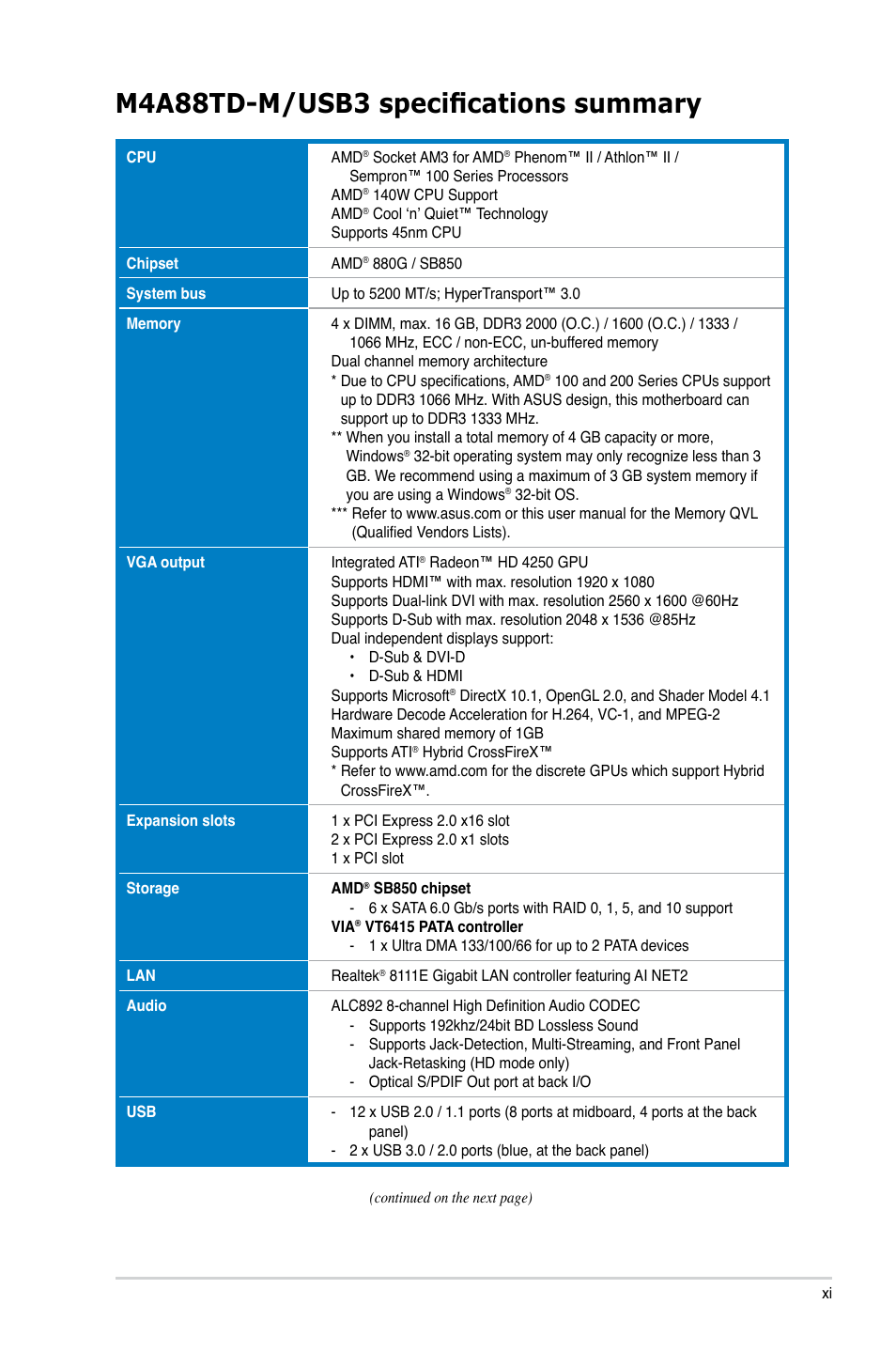 M4a88td-m/usb3 specifications summary | Asus M4A88TD-M/USB3 User Manual | Page 11 / 124