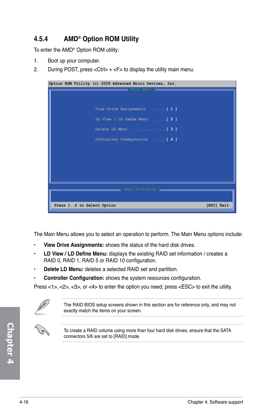 4 amd® option rom utility, Option rom utility -16, Chapter 4 | 4 amd, Option rom utility | Asus M4A88TD-M/USB3 User Manual | Page 112 / 124