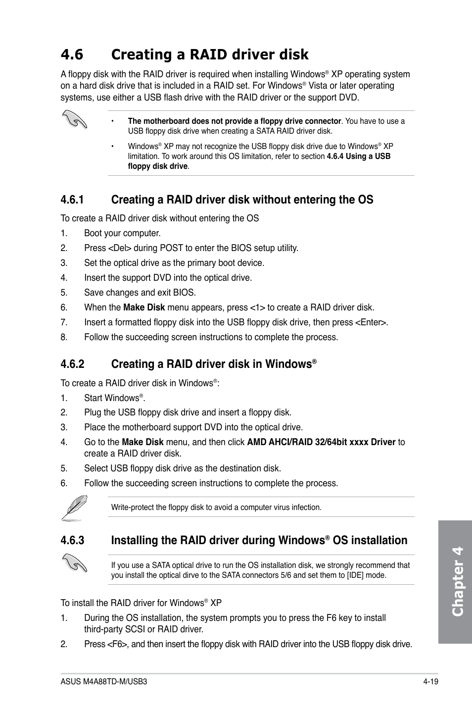 6 creating a raid driver disk, 2 creating a raid driver disk in windows, Creating a raid driver disk -19 4.6.1 | Creating a raid driver disk in windows, Installing the raid driver during windows, Os installation -19, Chapter 4 4.6 creating a raid driver disk, 3 installing the raid driver during windows, Os installation | Asus M4A88TD-M/USB3 User Manual | Page 115 / 124