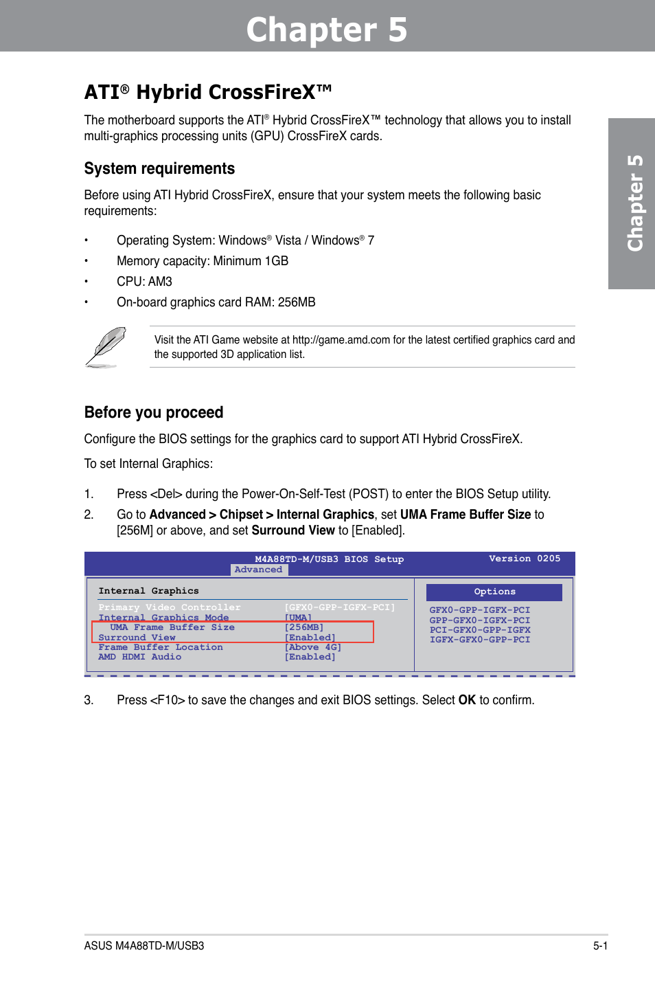 Chapter 5, Hybrid crossfirex™ technology support, Hybrid crossfirex | System requirements, Before you proceed | Asus M4A88TD-M/USB3 User Manual | Page 119 / 124