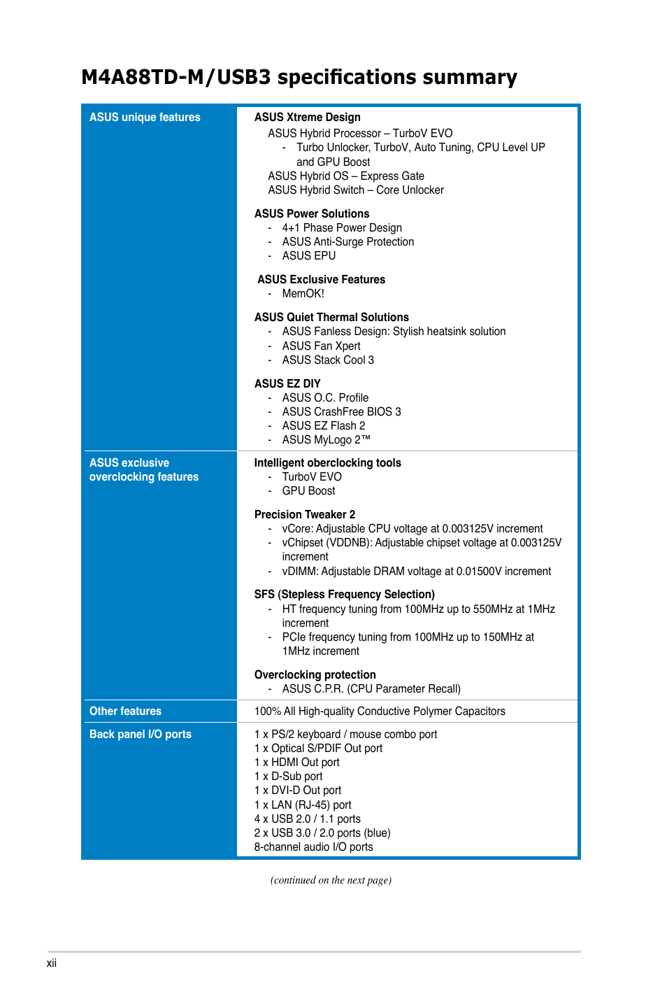 M4a88td-m/usb3 specifications summary | Asus M4A88TD-M/USB3 User Manual | Page 12 / 124