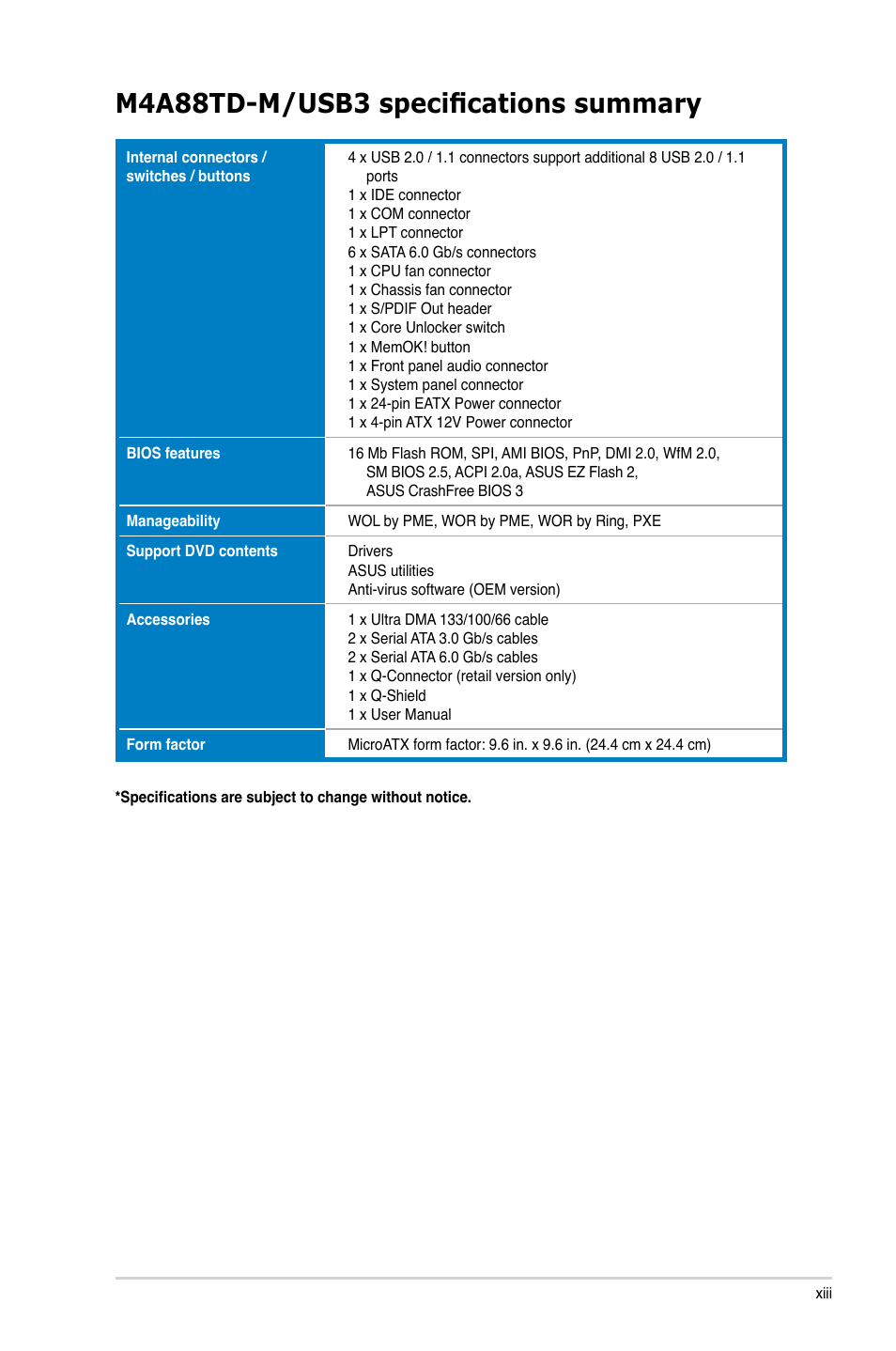 M4a88td-m/usb3 specifications summary | Asus M4A88TD-M/USB3 User Manual | Page 13 / 124