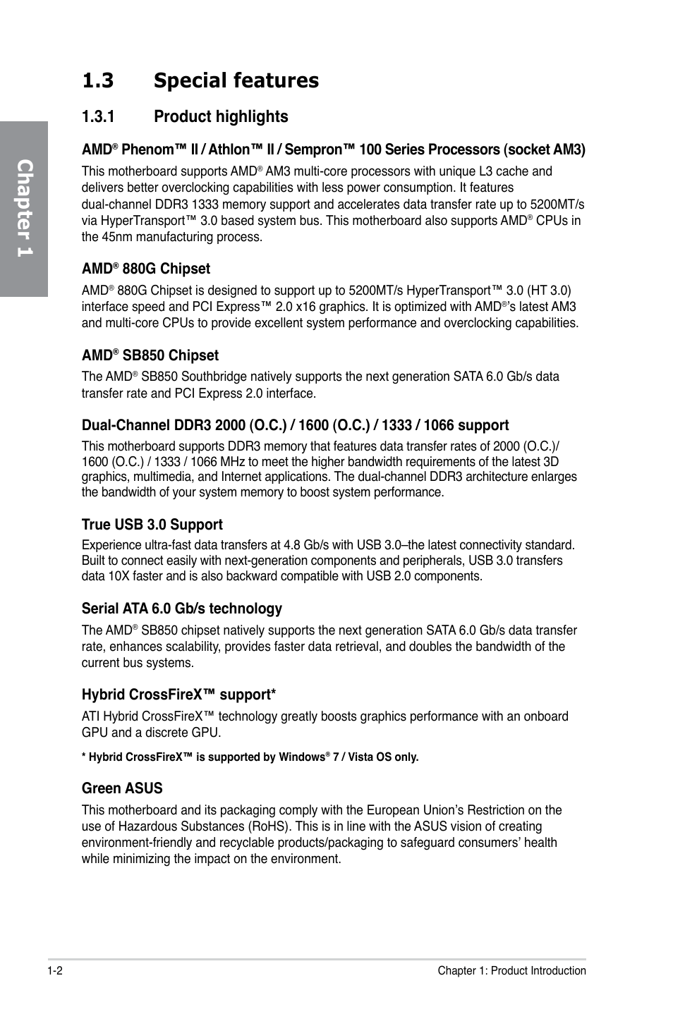 3 special features, 1 product highlights, Special features -2 1.3.1 | Product highlights -2, Chapter 1 1.3 special features | Asus M4A88TD-M/USB3 User Manual | Page 16 / 124