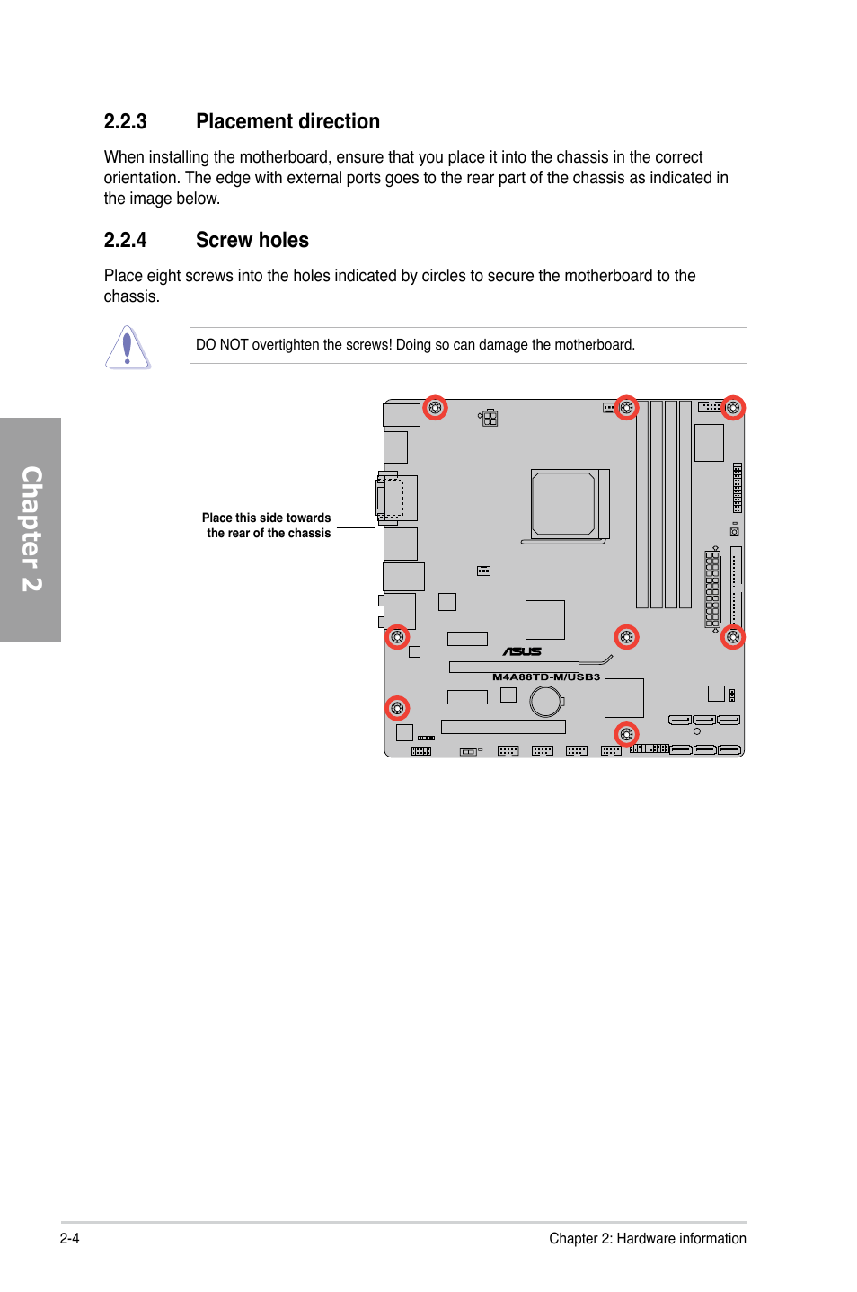 3 placement direction, 4 screw holes, Placement direction -4 | Screw holes -4, Chapter 2 | Asus M4A88TD-M/USB3 User Manual | Page 22 / 124