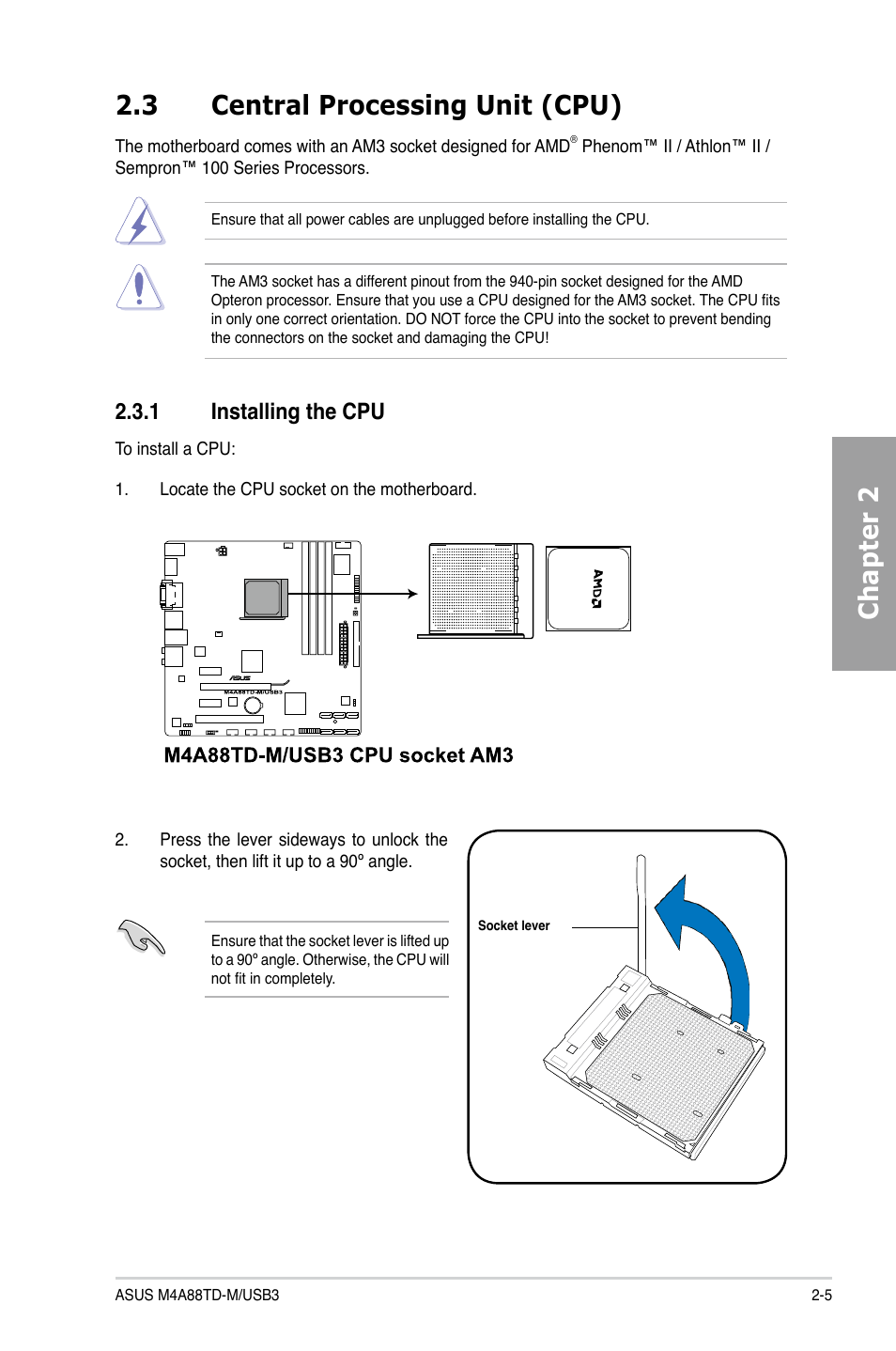 3 central processing unit (cpu), 1 installing the cpu, Central processing unit (cpu) -5 2.3.1 | Installing the cpu -5, Chapter 2 2.3 central processing unit (cpu) | Asus M4A88TD-M/USB3 User Manual | Page 23 / 124