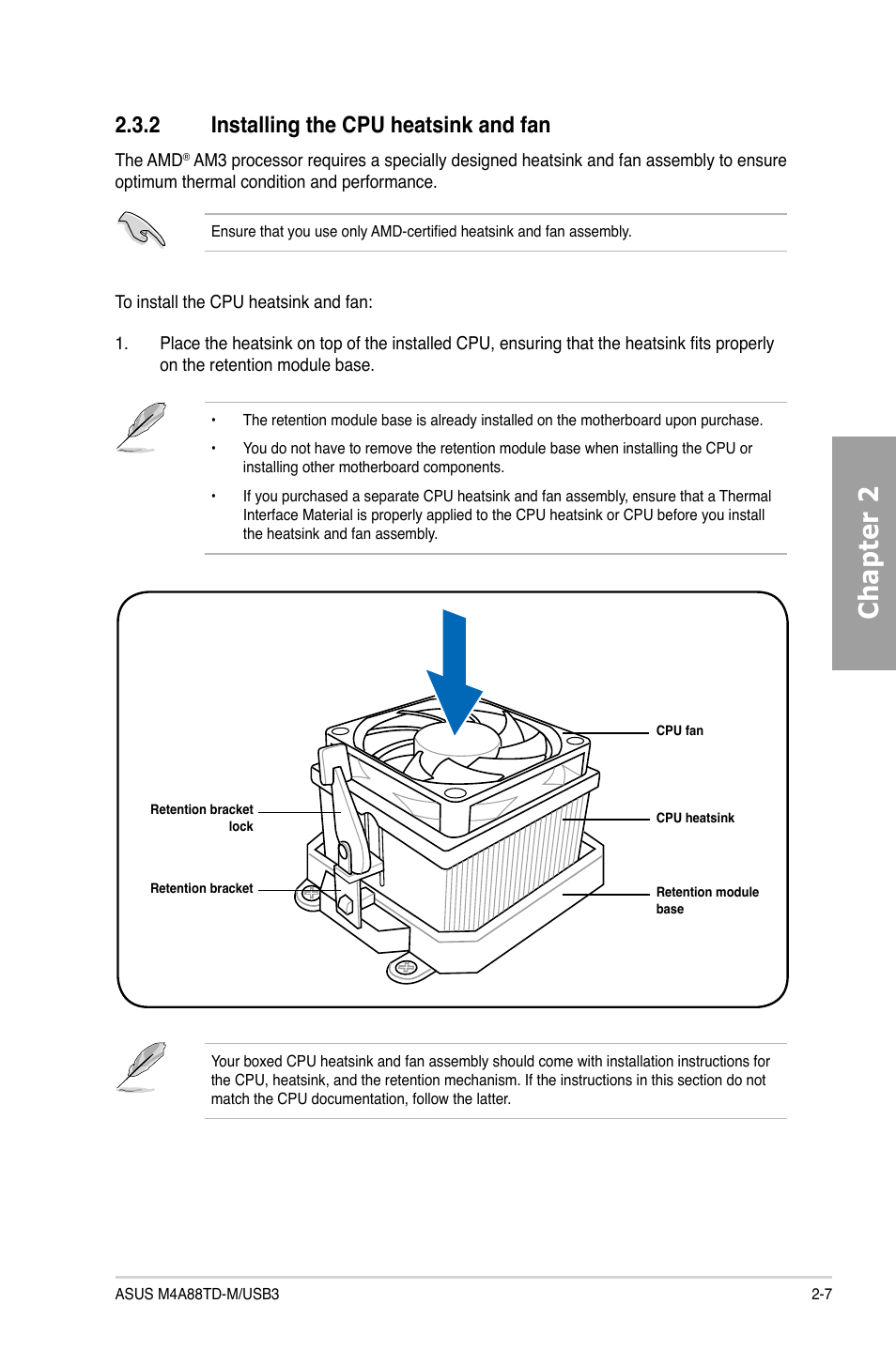 2 installing the cpu heatsink and fan, Installing the cpu heatsink and fan -7, Chapter 2 | Asus M4A88TD-M/USB3 User Manual | Page 25 / 124