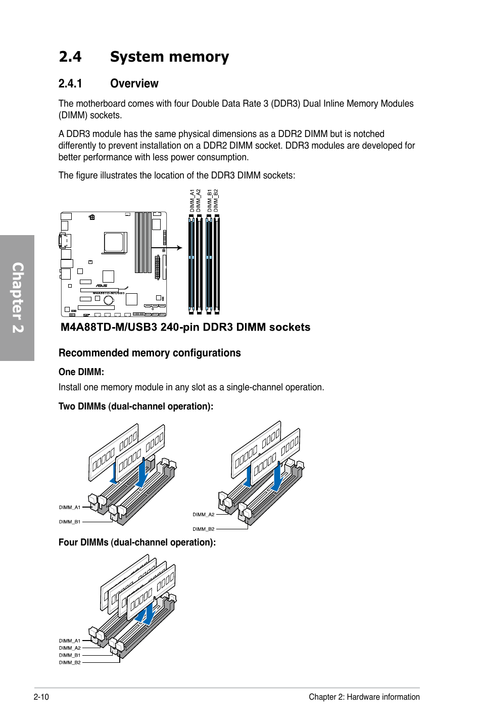 4 system memory, 1 overview, System memory -10 2.4.1 | Overview -10 | Asus M4A88TD-M/USB3 User Manual | Page 28 / 124
