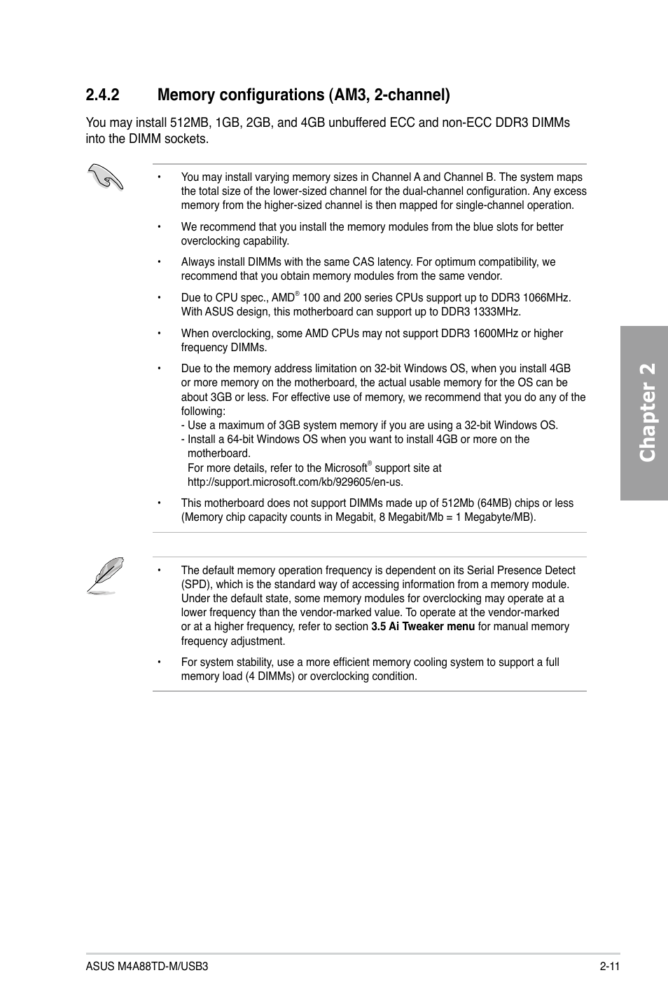2 memory configurations (am3, 2-channel), Memory configurations (am3, 2-channel) -11, Chapter 2 | Asus M4A88TD-M/USB3 User Manual | Page 29 / 124