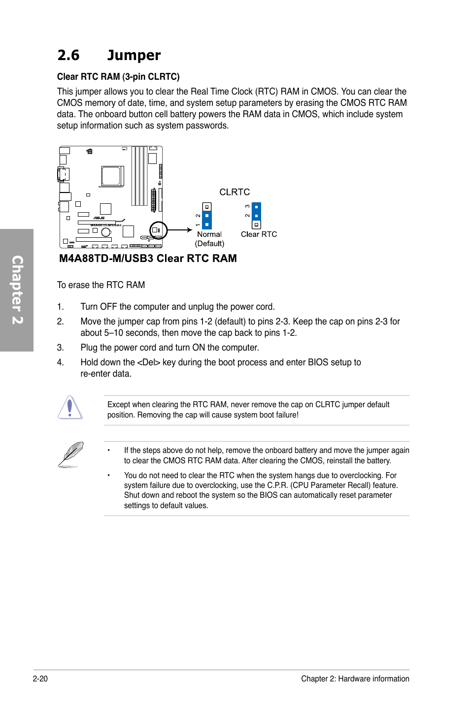 6 jumper, Jumper -20, Chapter 2 2.6 jumper | Asus M4A88TD-M/USB3 User Manual | Page 38 / 124