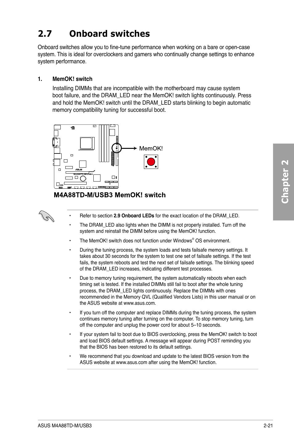 7 onboard switches, Onboard switches -21, Chapter 2 2.7 onboard switches | Asus M4A88TD-M/USB3 User Manual | Page 39 / 124