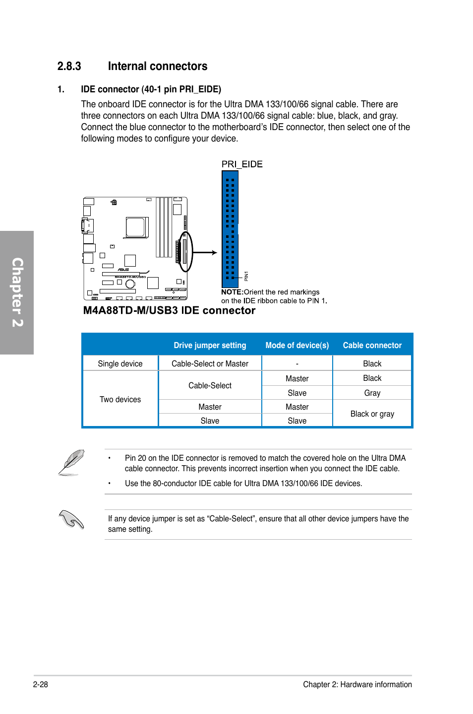 3 internal connectors, Internal connectors -28, Chapter 2 | Asus M4A88TD-M/USB3 User Manual | Page 46 / 124