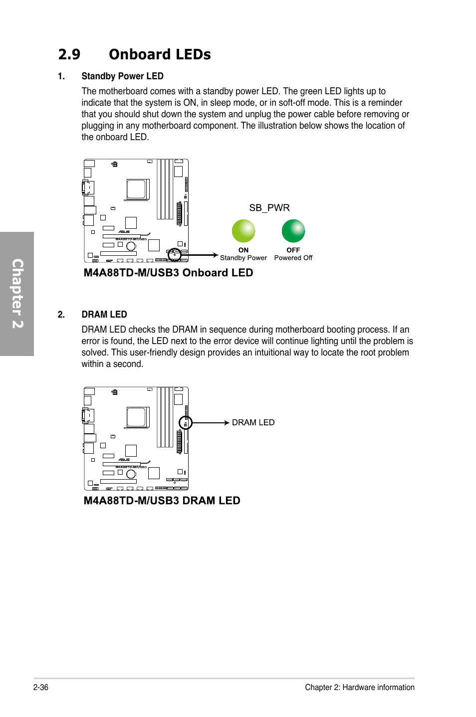 9 onboard leds, Onboard leds -36, Chapter 2 2.9 onboard leds | Asus M4A88TD-M/USB3 User Manual | Page 54 / 124